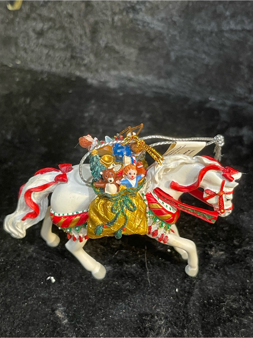 White and Red Carousel Horse Holiday Ornament with Gold Toy Saddle